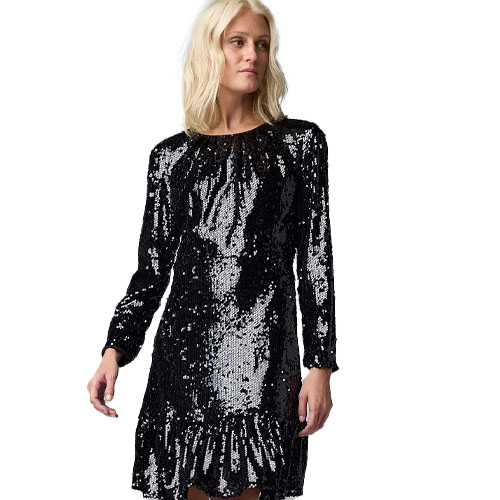 A woman is wearing a black sequin dress with long sleeves and a ruffled hem.