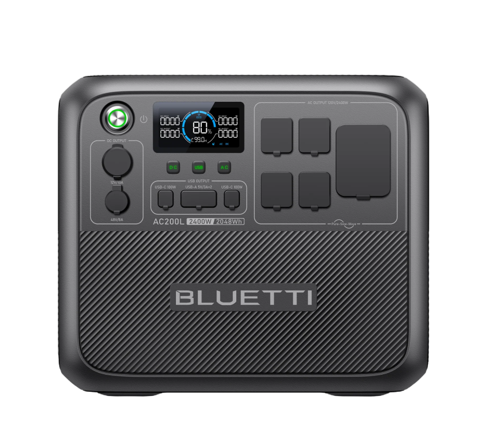 Bluetti portable power station with 2400W output, 2048Wh capacity, multiple USB ports, and AC/DC outputs.