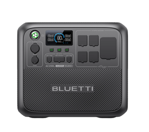 Bluetti portable power station with 2400W output, 2048Wh capacity, multiple USB ports, and AC/DC outputs.