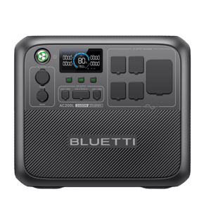 Bluetti portable power station with 2400W output, 2048Wh capacity, multiple USB ports, and AC/DC outputs.
