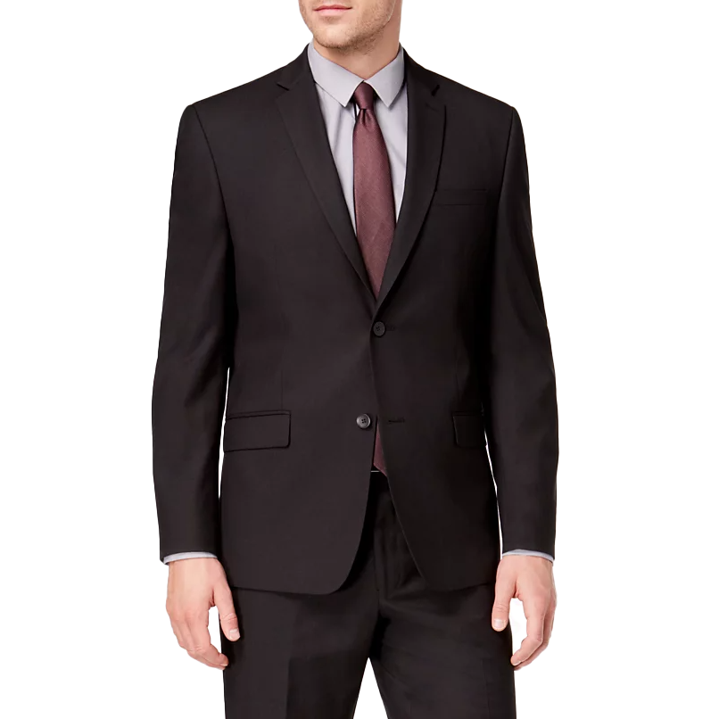 A man is wearing a dark two-button suit with a light-colored dress shirt and a maroon tie.