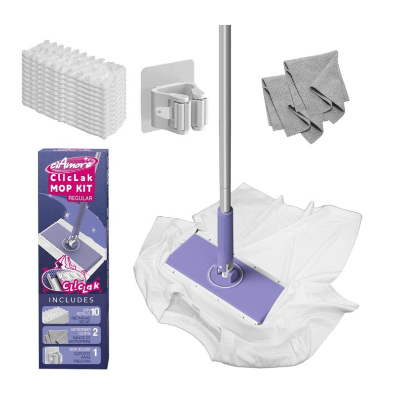 ClicLak Mop Kit includes a flat mop with a purple handle, 10 dry refills, 2 microfiber cloths, and a wall-mounted mop holder.
