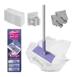 ClicLak Mop Kit includes a flat mop with a purple handle, 10 dry refills, 2 microfiber cloths, and a wall-mounted mop holder.