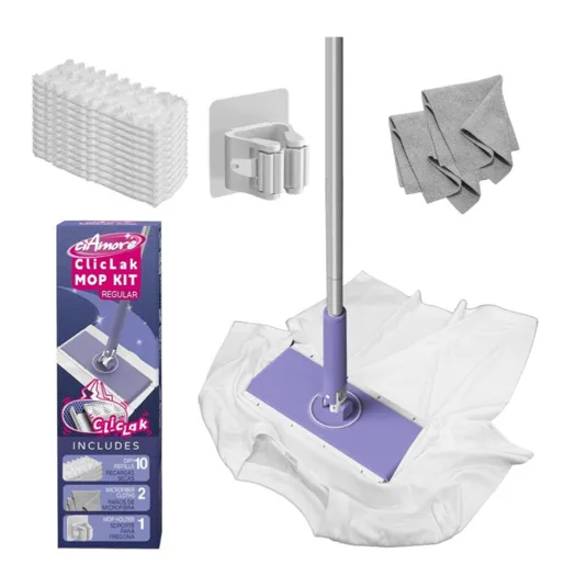 ClicLak Mop Kit includes a flat mop with a purple handle, 10 dry refills, 2 microfiber cloths, and a wall-mounted mop holder.