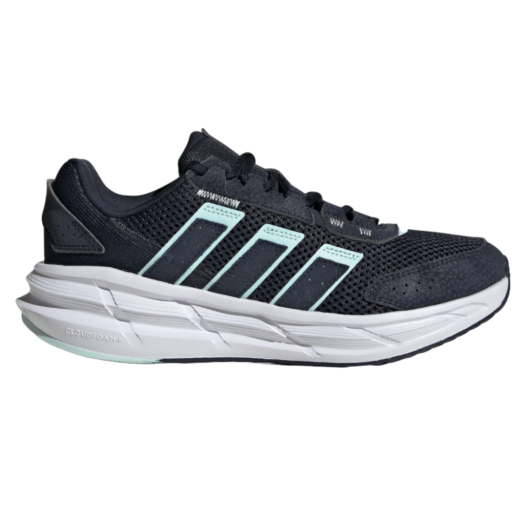 A black Adidas running shoe with light mint green accents featuring a cushioned Cloudfoam sole.