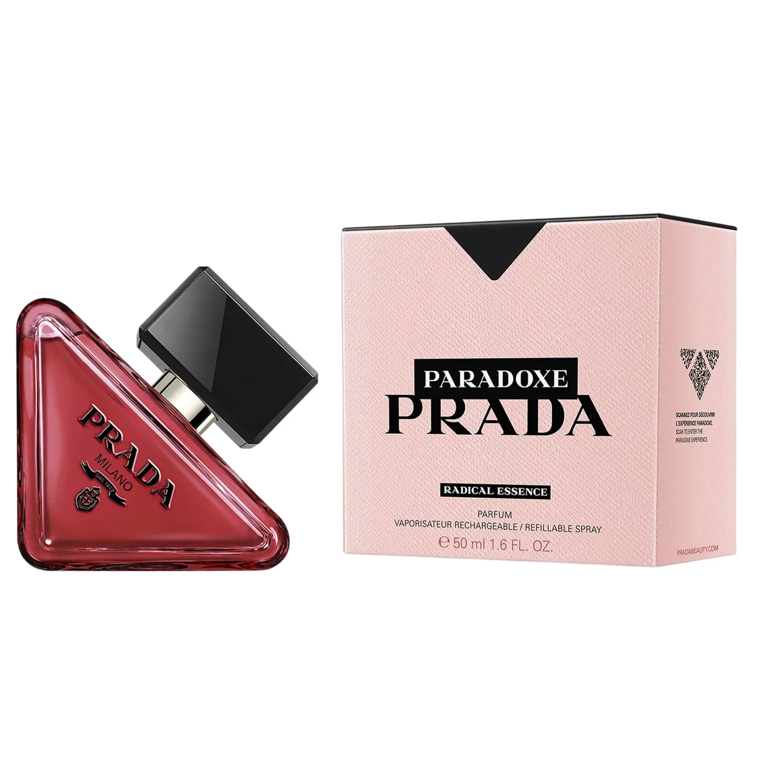 Prada Paradoxe perfume, featuring a unique triangular bottle and a pink box labeled \“Radical Essence.\“