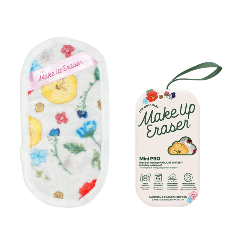MakeUp Eraser Mini PRO, a floral-patterned makeup remover cloth, claims to remove all makeup with just water, including waterproof makeup. Alcohol and fragrance-free.