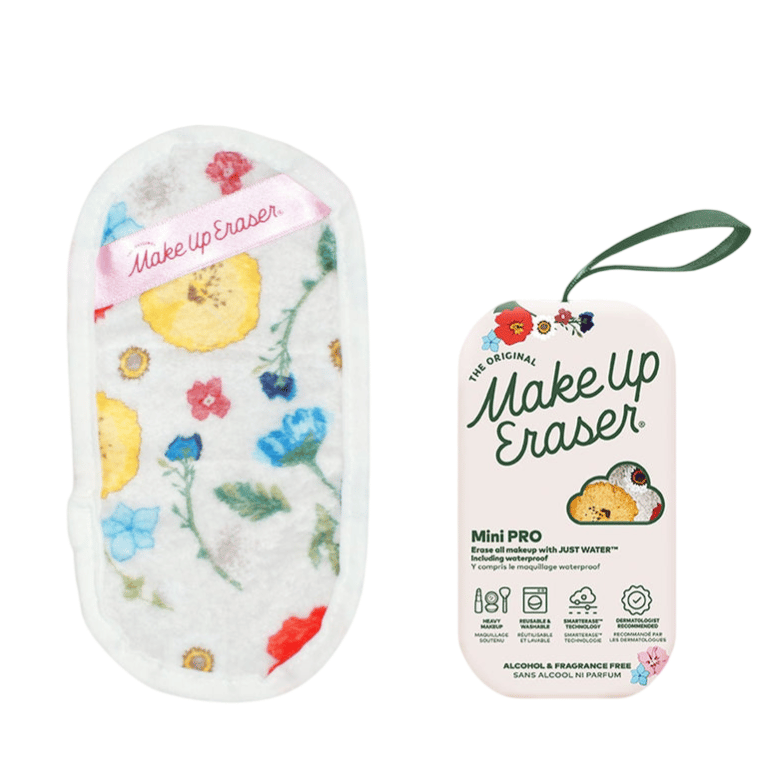 MakeUp Eraser Mini PRO, a floral-patterned makeup remover cloth, claims to remove all makeup with just water, including waterproof makeup. Alcohol and fragrance-free.