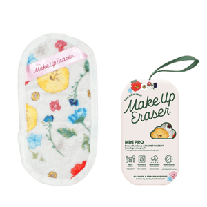 MakeUp Eraser Mini PRO, a floral-patterned makeup remover cloth, claims to remove all makeup with just water, including waterproof makeup. Alcohol and fragrance-free.