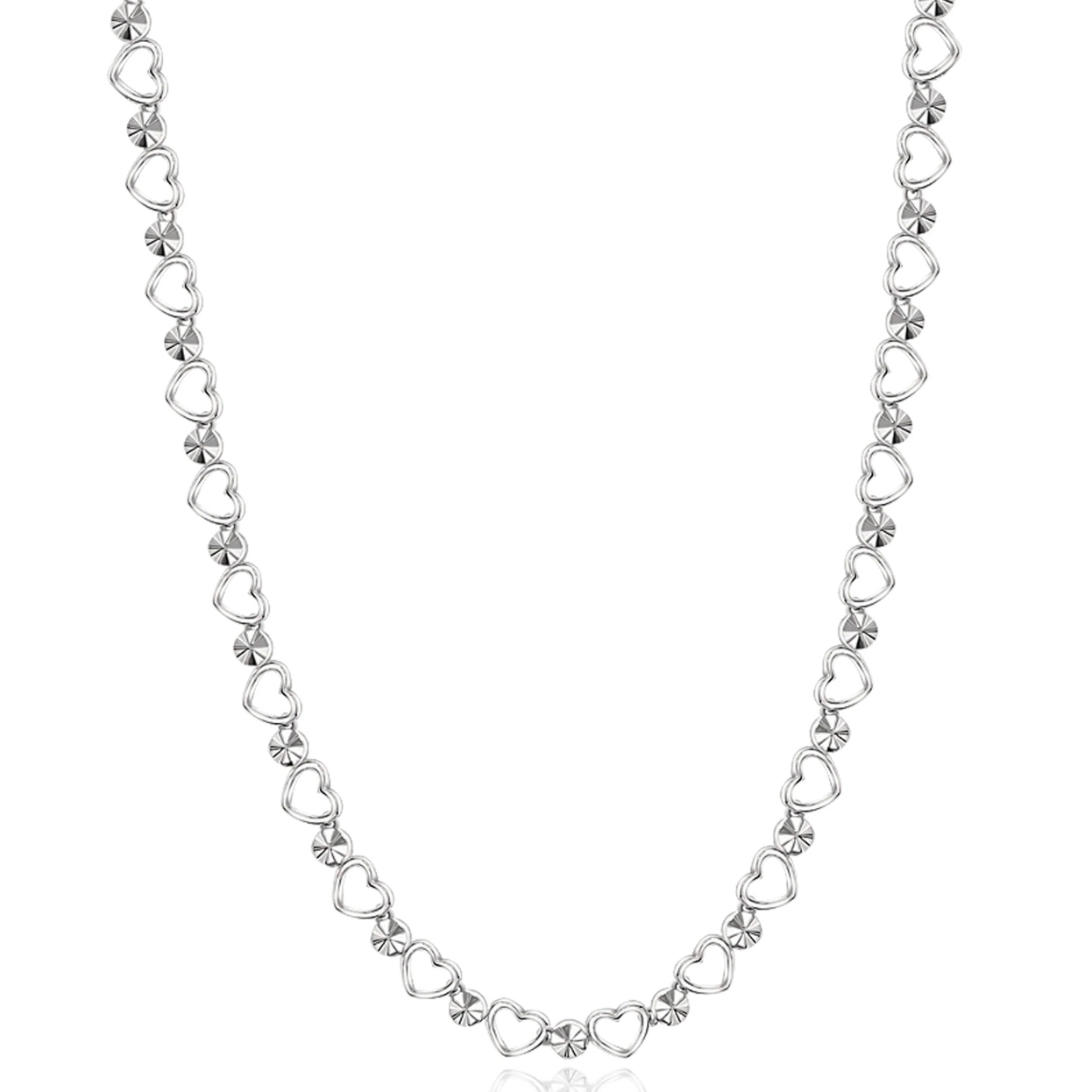 Silver necklace featuring a series of linked hearts with a central, larger heart accent at the bottom.
