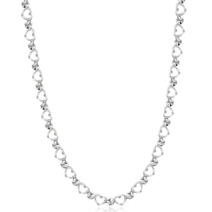 Silver necklace featuring a series of linked hearts with a central, larger heart accent at the bottom.