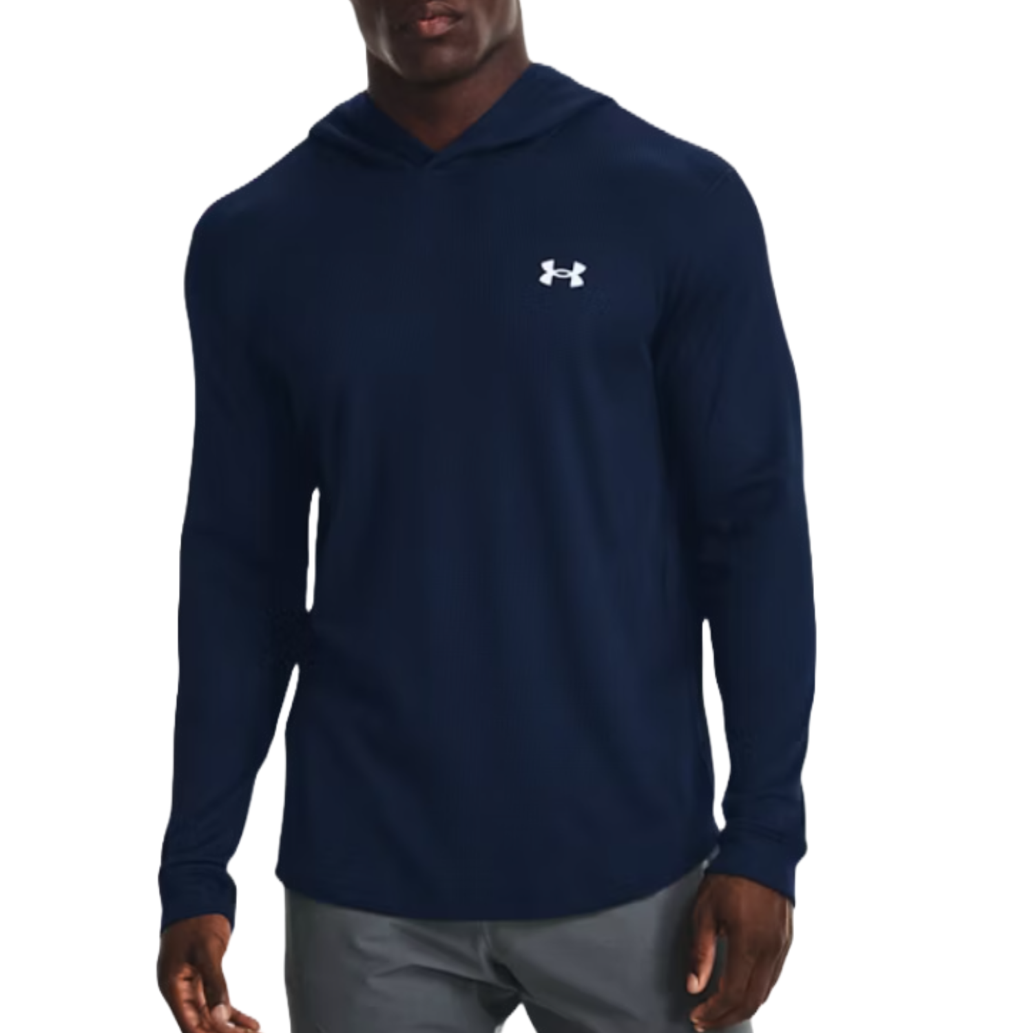 A navy blue, long-sleeved Under Armour hoodie with a waffle-knit texture and the brand's logo on the left chest.