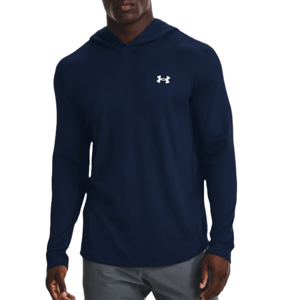 A navy blue, long-sleeved Under Armour hoodie with a waffle-knit texture and the brand's logo on the left chest.