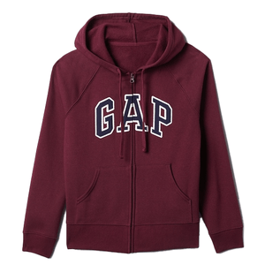 A maroon GAP hoodie featuring white outlined letters on the chest, a front zipper, a drawstring hood, and front pockets.