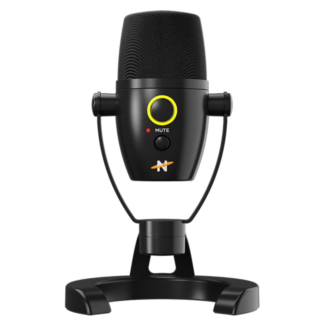 A black USB microphone with a compact stand, featuring a mute button and a ring-shaped LED indicator.