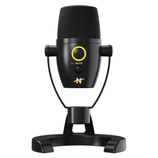 A black USB microphone with a compact stand, featuring a mute button and a ring-shaped LED indicator.