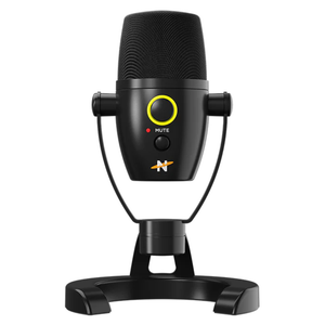 A black USB microphone with a compact stand, featuring a mute button and a ring-shaped LED indicator.