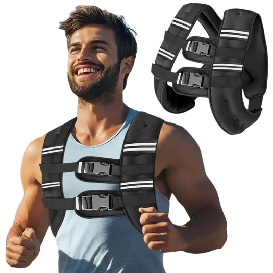 A man is wearing a black weighted vest with reflective stripes and adjustable buckles, designed for fitness activities like running. There's also a close-up of the vest showing its design.