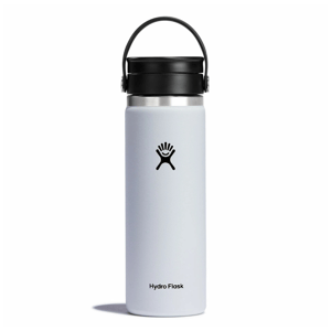 White Hydro Flask water bottle with a black lid and handle, featuring a black logo.
