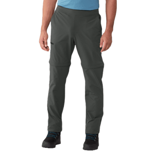 Dark gray convertible hiking pants with zip-off legs, paired with black boots featuring blue laces.