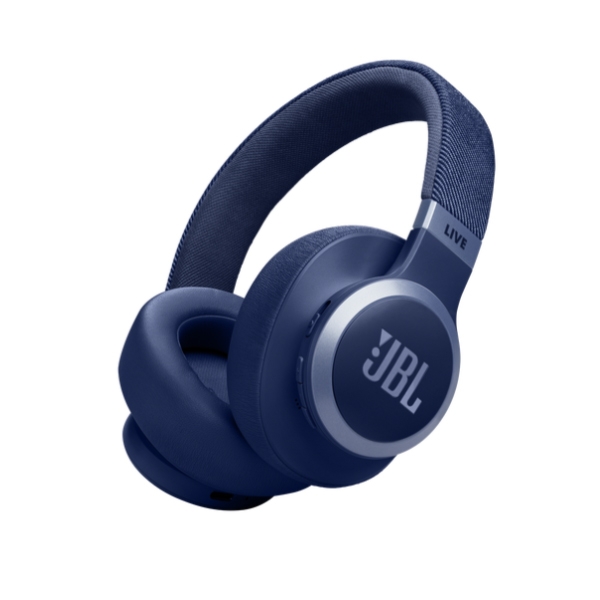 Blue JBL over-ear wireless headphones with a fabric-covered headband and cushioned ear cups.