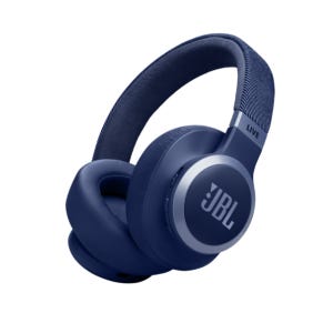 Blue JBL over-ear wireless headphones with a fabric-covered headband and cushioned ear cups.