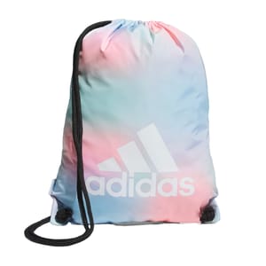 A pastel tie-dye Adidas drawstring bag with a black cord and the Adidas logo prominently displayed.