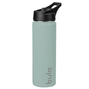 Light blue water bottle with a black flip-top lid and a carrying handle, featuring the word \“bula\“ vertically in gray on the side.