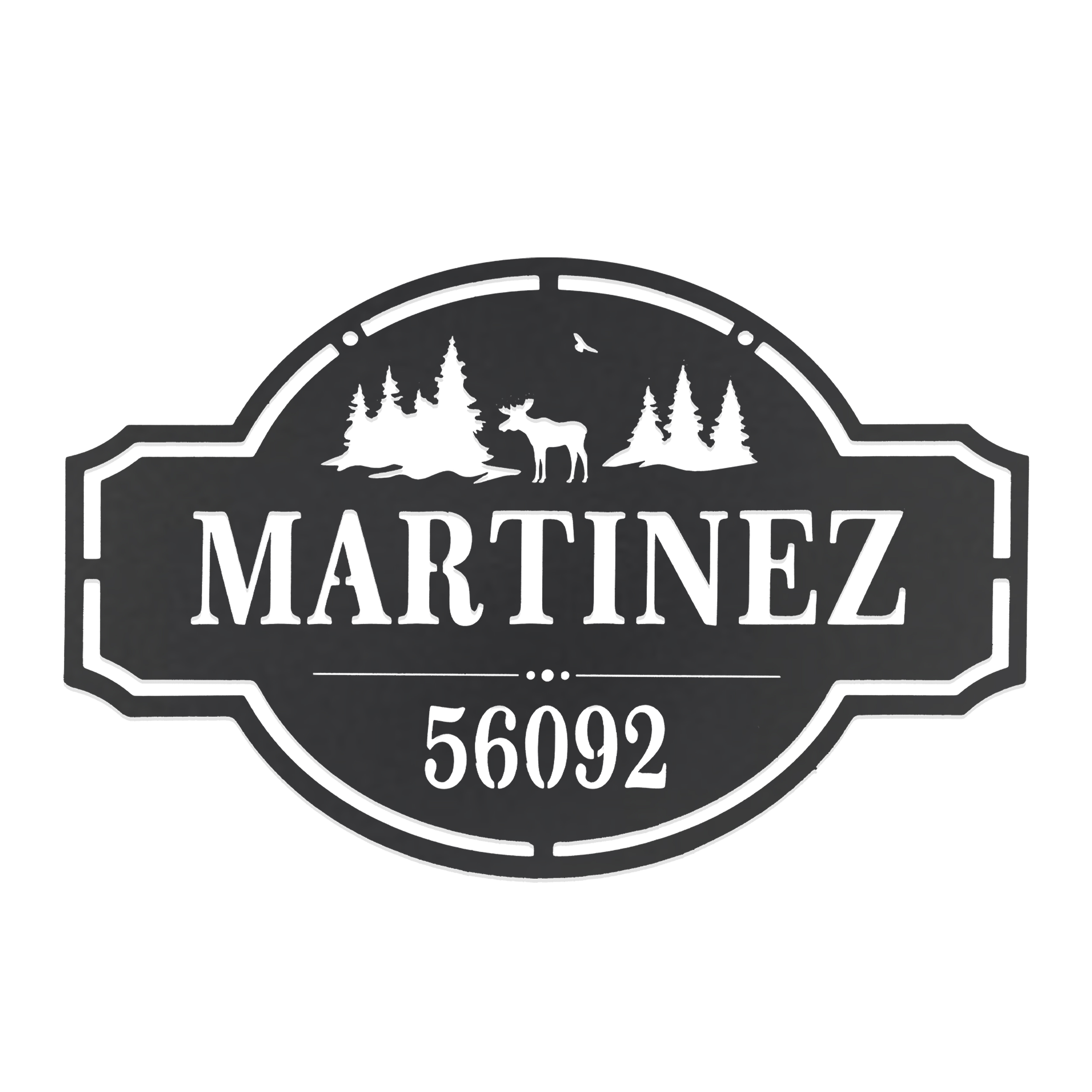 A black metal address sign featuring the name \“Martinez\“ and the number \“56092\“, adorned with silhouettes of trees and a moose.