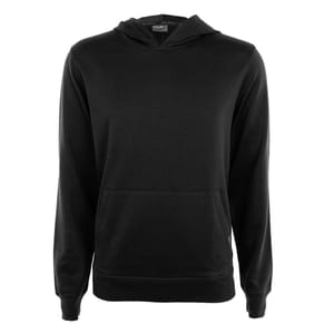 A black hoodie featuring a front pocket and hood, with long sleeves and a simple design.