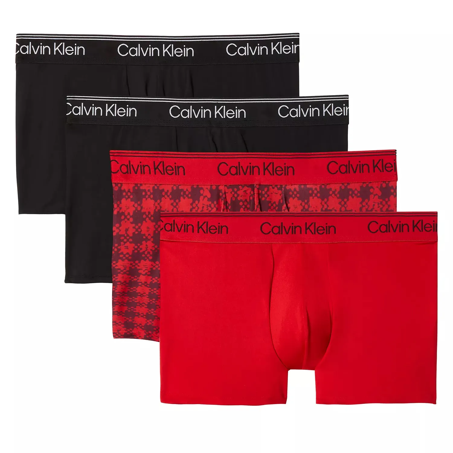 Four pairs of Calvin Klein boxer briefs in black and red, featuring solid colors and a red patterned design, with the Calvin Klein logo on the waistband.