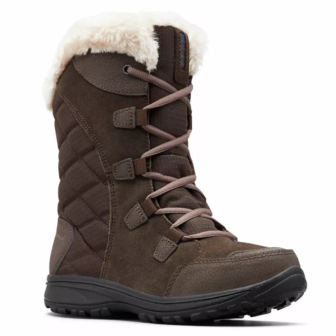 A brown, mid-calf winter boot with a quilted design, faux fur collar, and lace-up closure, featuring a textured, slip-resistant sole.