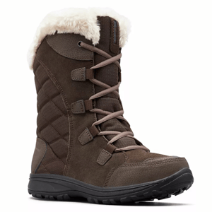A brown, mid-calf winter boot with a quilted design, faux fur collar, and lace-up closure, featuring a textured, slip-resistant sole.