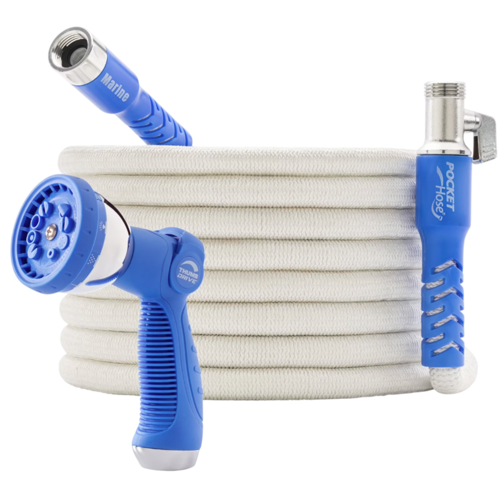 A coiled, white garden hose with blue connectors, and an attached spray nozzle with a thumb control feature. The hose includes \“Marine\“ and \“Pocket Hose\“ branding.
