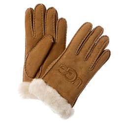 A pair of brown suede gloves with a fluffy white lining and the UGG logo embossed on them.
