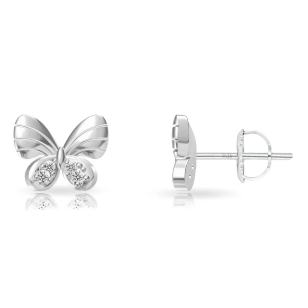 Sterling silver stud earrings feature a butterfly design with delicate, curved wings and shining gemstones at the center. The posts have a standard butterfly backing.