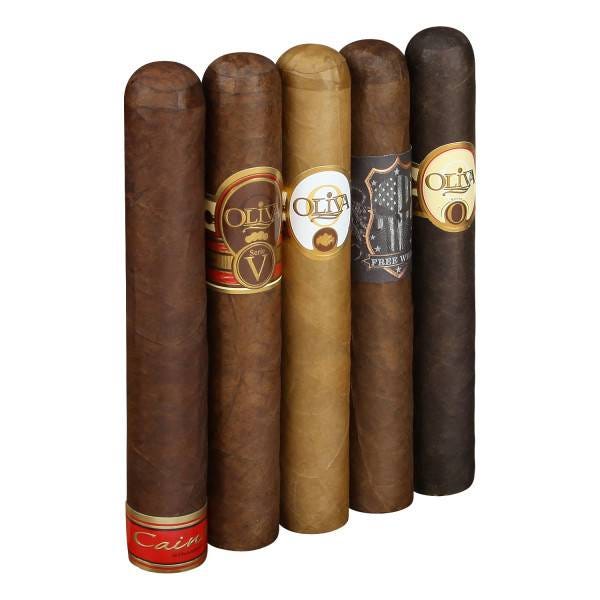 A selection of five cigars, each with distinct labels, featuring various brands and types, arranged upright in a line.