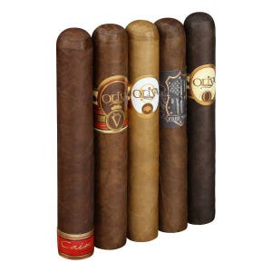 A selection of five cigars, each with distinct labels, featuring various brands and types, arranged upright in a line.