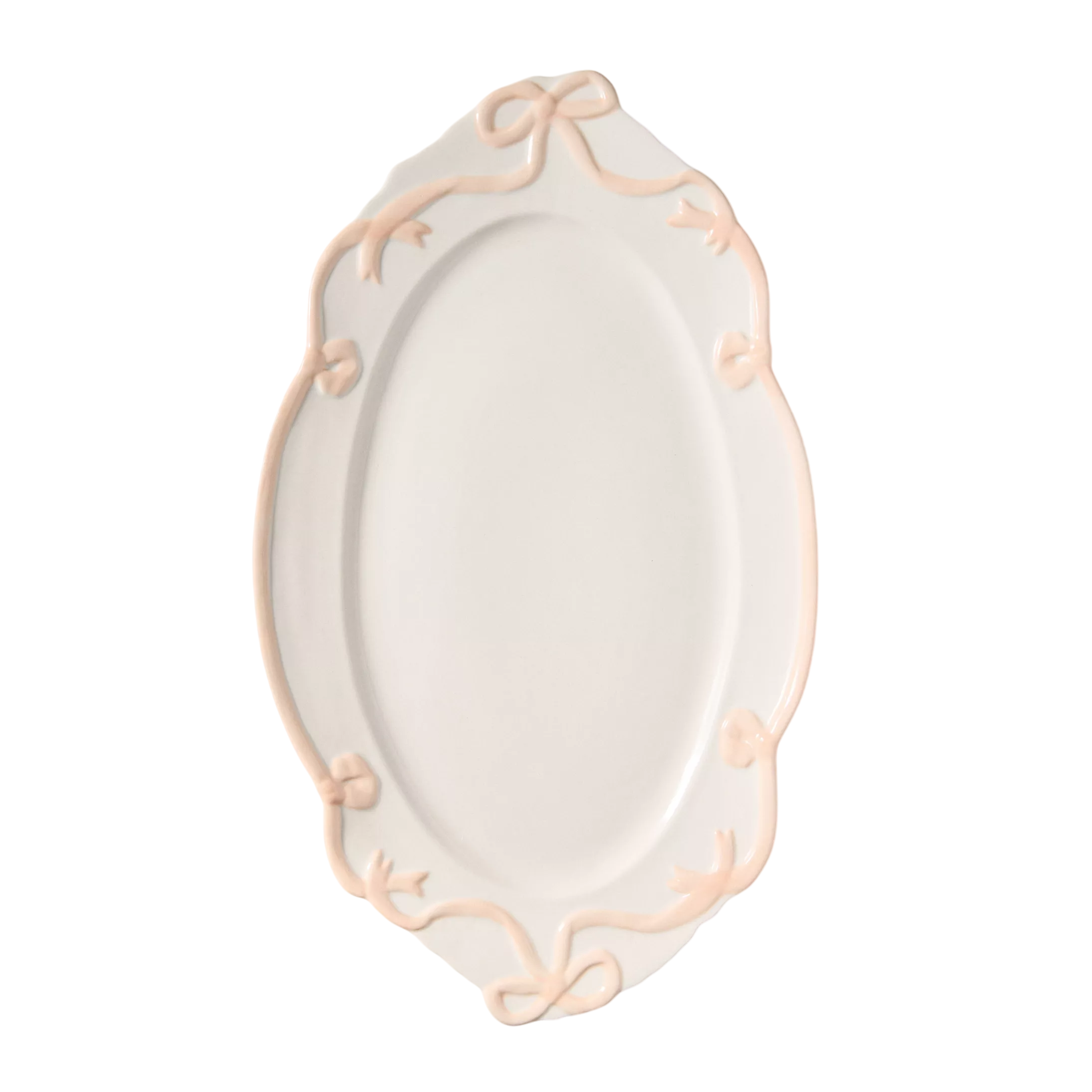 Oval porcelain plate with a decorative pink ribbon design around the edge.