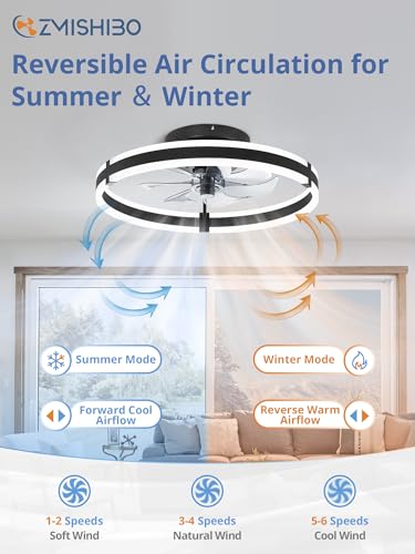 Ceiling fan with reversible air circulation for summer and winter modes, featuring forward cool airflow and reverse warm airflow, with settings for soft, natural, and cool wind speeds.