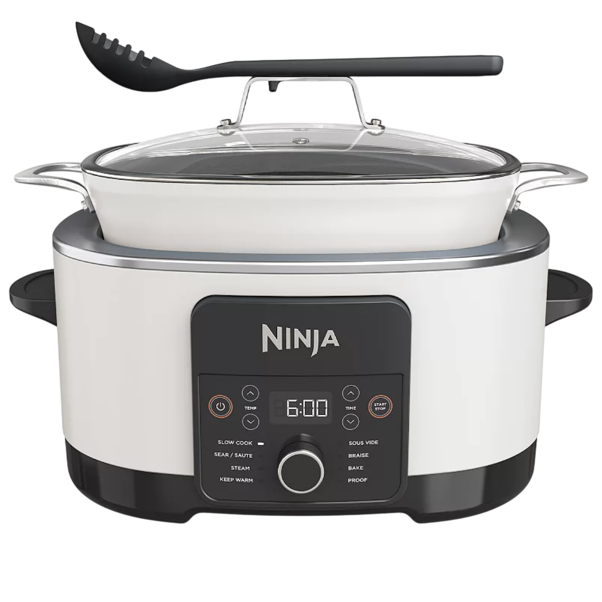 Ninja slow cooker and multi-cooker with a control panel featuring modes for slow cook, sear/sauté, steam, keep warm, sous vide, braise, bake, and proof. Includes a glass lid and a slotted spoon.