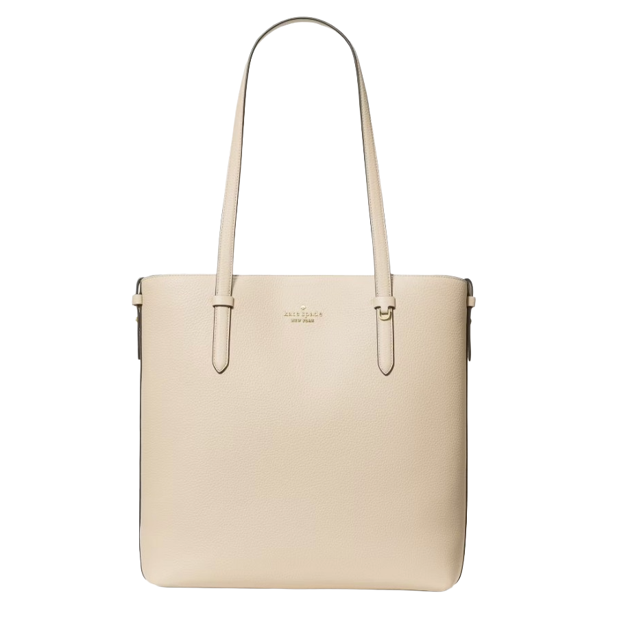 A cream-colored tote bag with dual handles and a minimalist design, featuring the logo \“Kate Spade New York\“ embossed on the front.