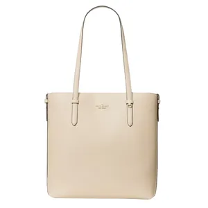 A cream-colored tote bag with dual handles and a minimalist design, featuring the logo \“Kate Spade New York\“ embossed on the front.