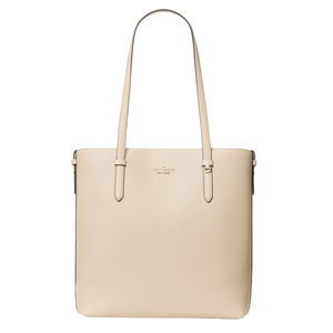A cream-colored tote bag with dual handles and a minimalist design, featuring the logo \“Kate Spade New York\“ embossed on the front.