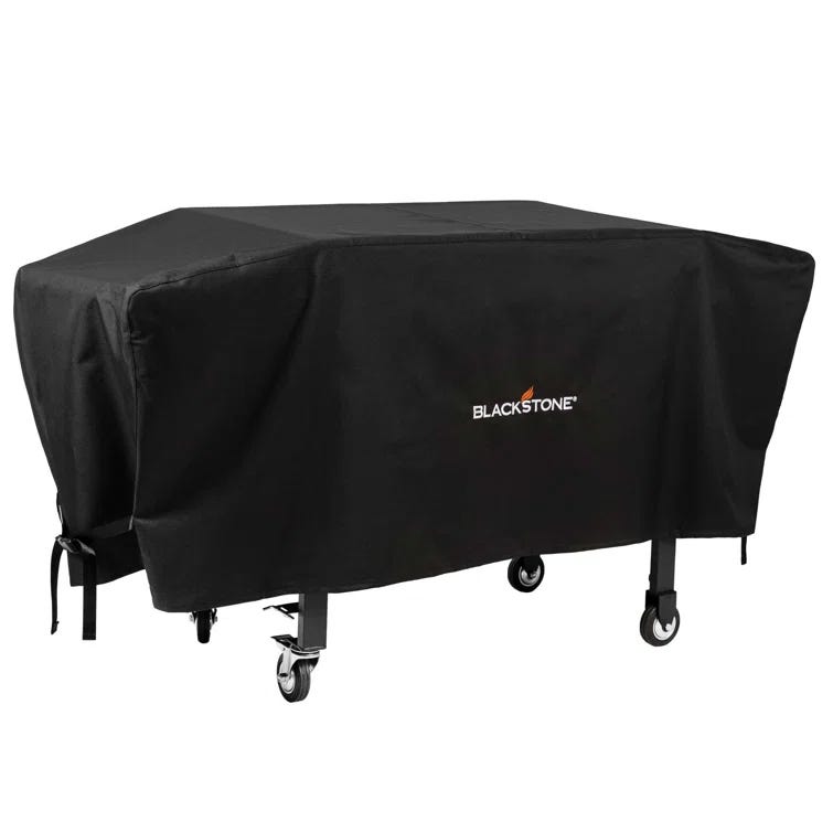 Blackstone 36\“ Grill Cover in black, designed to protect a 36-inch griddle from elements, featuring durable material with straps for securing, and a logo on the front.