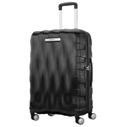 A black Samsonite suitcase with a textured design, featuring a retractable handle and four spinner wheels.