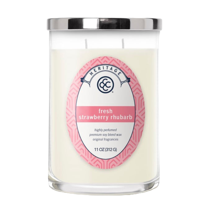 Colonial Candle Heritage Fresh Strawberry Rhubarb is a highly perfumed, premium soy blend wax candle with original fragrances, 11 oz (312 g), in a glass jar with a metal lid.