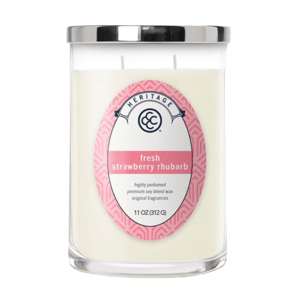 Colonial Candle Heritage Fresh Strawberry Rhubarb is a highly perfumed, premium soy blend wax candle with original fragrances, 11 oz (312 g), in a glass jar with a metal lid.