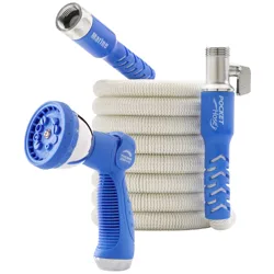 A coiled garden marine hose with blue connectors labeled \“Pocket Hose\“ and \“Marine,\“ featuring a blue nozzle with \“Thumb Drive\“ written on the handle.