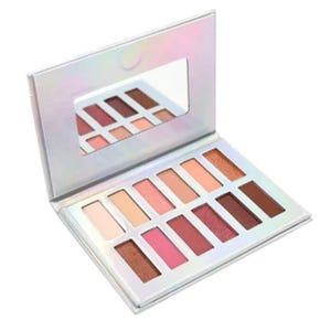 Eyeshadow palette with a variety of matte and shimmer shades ranging from light to dark. A mirror is included in the lid.